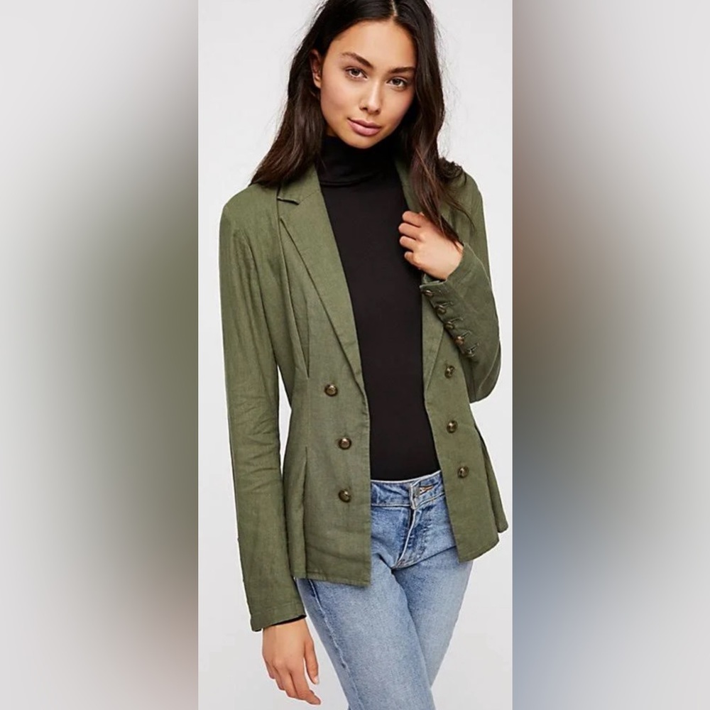 Free People Cinched Waist Linen Blend Blazer military style